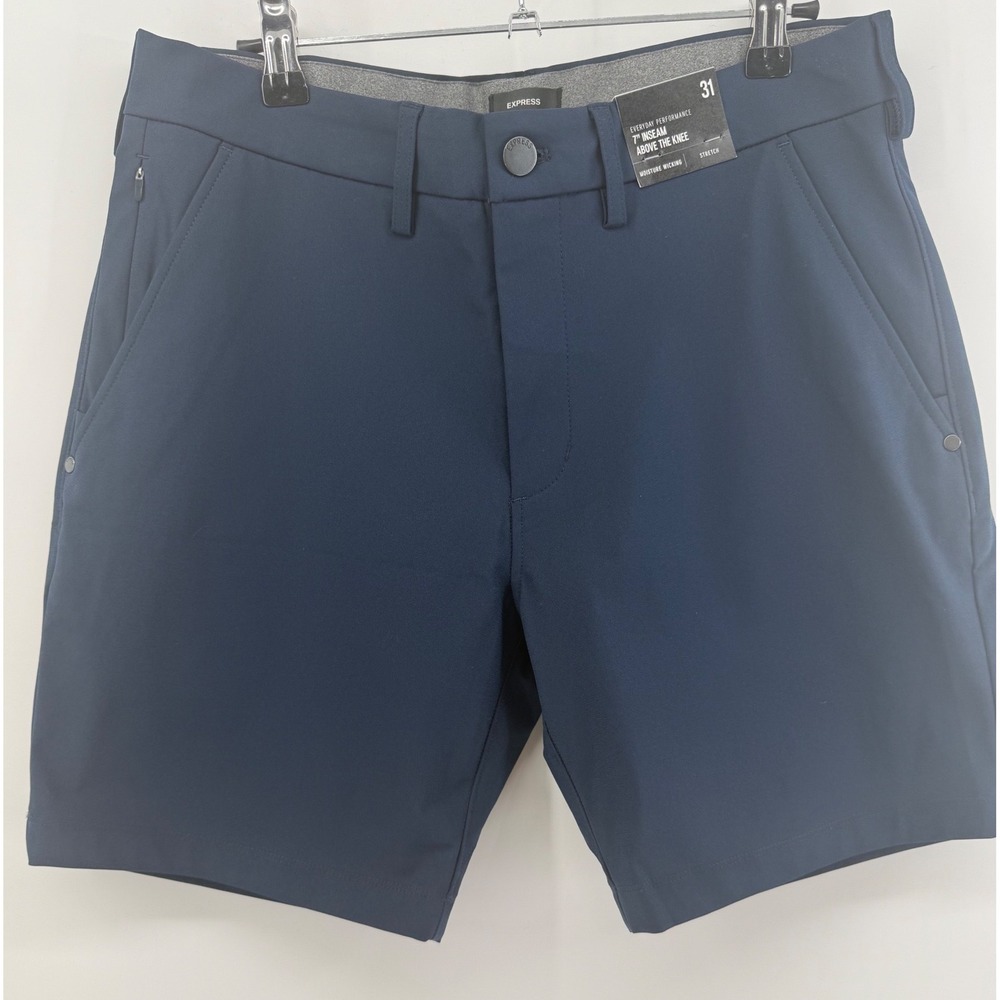 Express Mens Everyday Performance Shorts 31 Navy Blue 7 Inch Inseam Stretch NWT